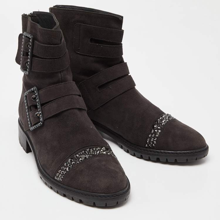 Pre Owned Stuart Weitzman Black Suede Crystal Embellished Ankle Length Boots Size 37.5