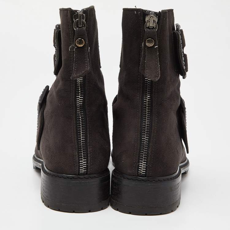 Pre Owned Stuart Weitzman Black Suede Crystal Embellished Ankle Length Boots Size 37.5