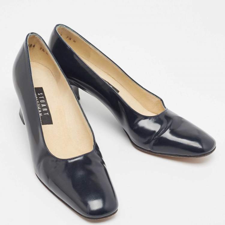 Pre Owned Stuart Weitzman Navy Blue Patent Leather Square Toe Pumps Size 38
