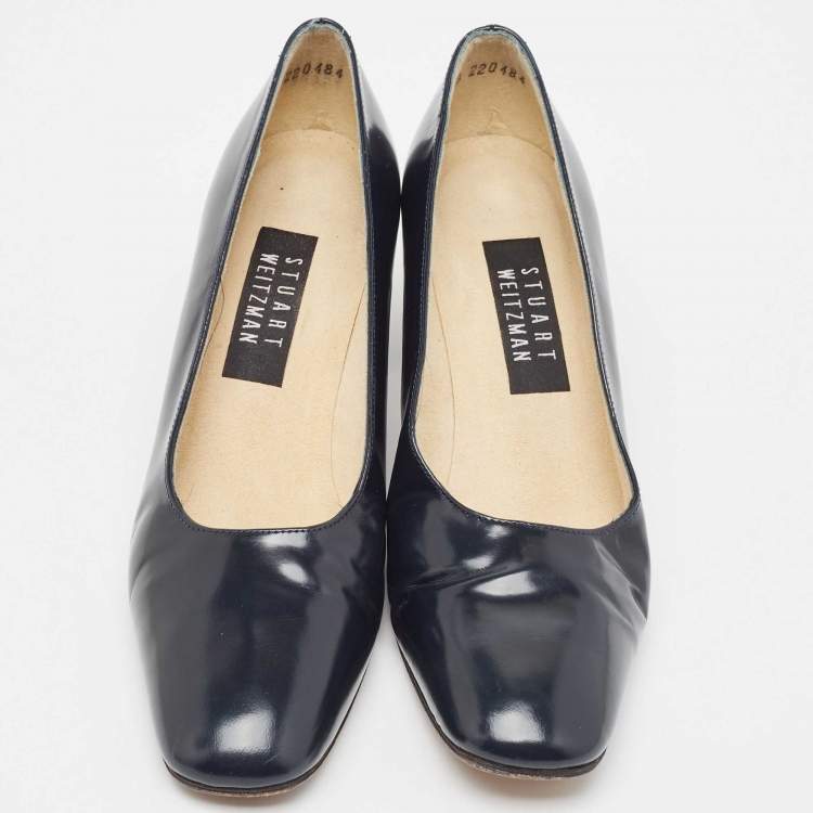 Pre Owned Stuart Weitzman Navy Blue Patent Leather Square Toe Pumps Size 38