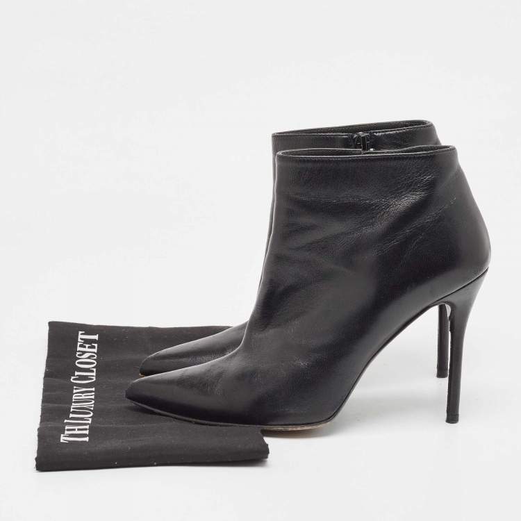 Pre Owned Stuart Weitzman Black Leather Ankle Length Pointed Toe Booties Size 39.5