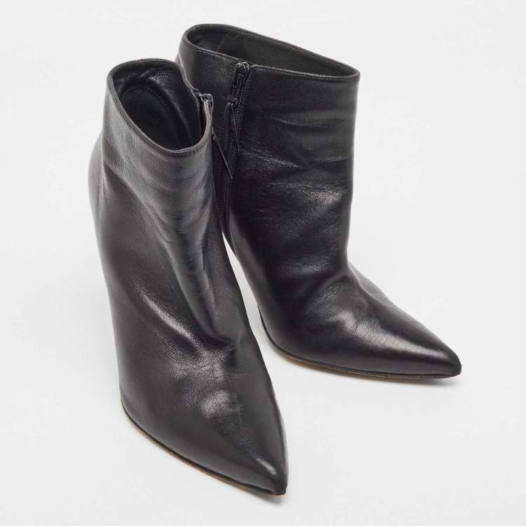 Pre Owned Stuart Weitzman Black Leather Ankle Length Pointed Toe Booties Size 39.5