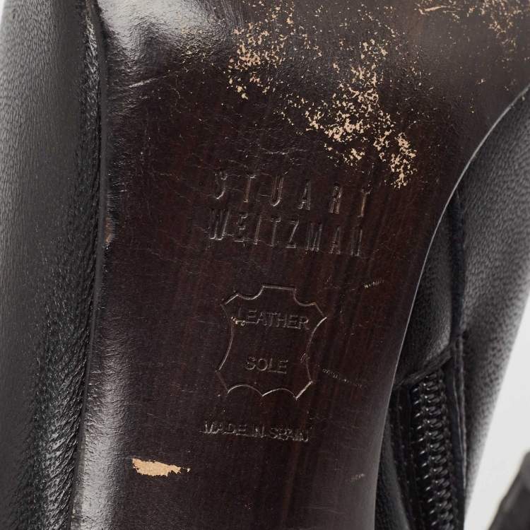 Pre Owned Stuart Weitzman Black Leather Ankle Length Pointed Toe Booties Size 39.5