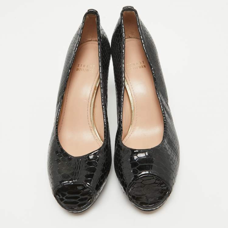 Pre Owned Stuart Weitzman Black Python Embossed Leather Peep Toe Platform Pumps Size 40