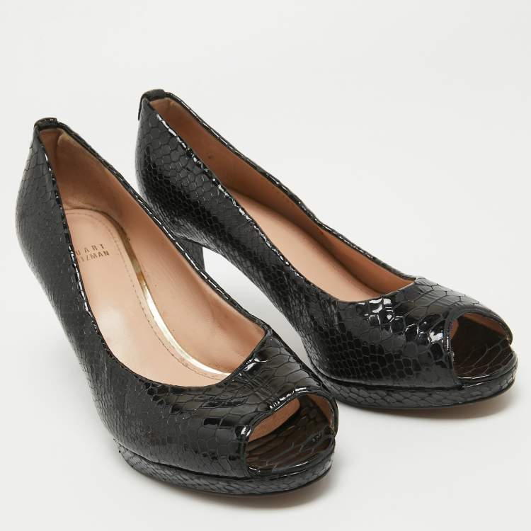 Pre Owned Stuart Weitzman Black Python Embossed Leather Peep Toe Platform Pumps Size 40