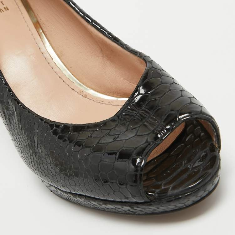 Pre Owned Stuart Weitzman Black Python Embossed Leather Peep Toe Platform Pumps Size 40