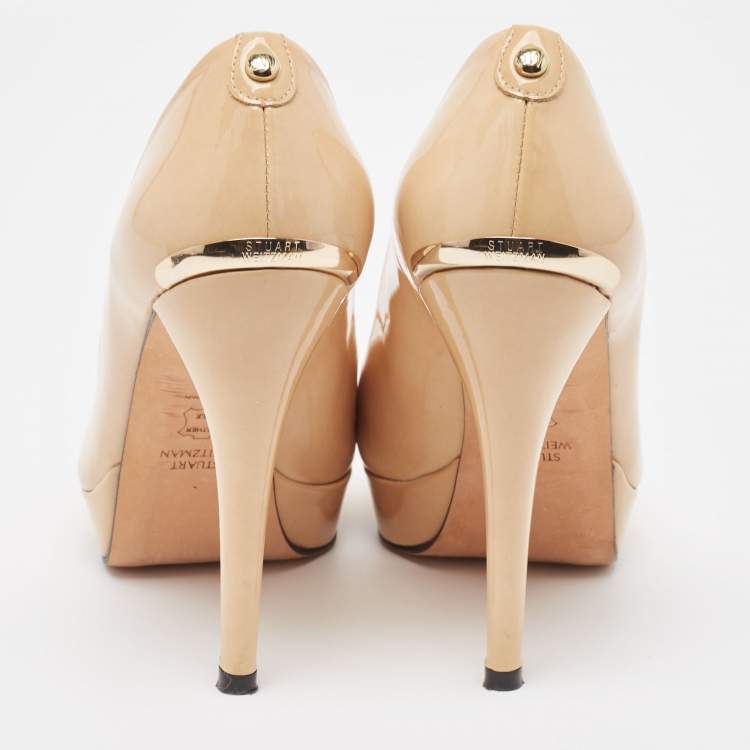 Pre Owned Stuart Weitzman Beige Patent Peep Toe Pumps Size 37.5