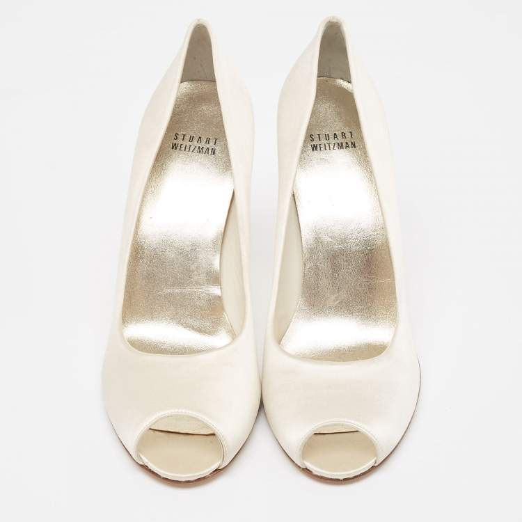 Pre Owned Stuart Weitzman White Satin Peep Toe Pumps Size 40.5