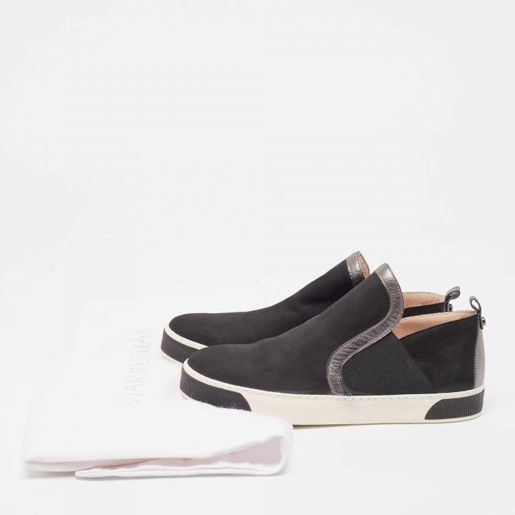 Pre Owned Stuart Weitzman Black/Metallic Nubuck and Leather Slip On Sneakers Size 40