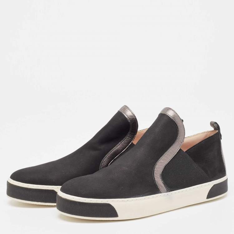 Pre Owned Stuart Weitzman Black/Metallic Nubuck and Leather Slip On Sneakers Size 40