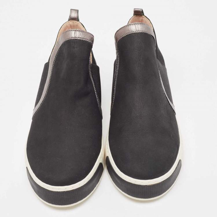 Pre Owned Stuart Weitzman Black/Metallic Nubuck and Leather Slip On Sneakers Size 40