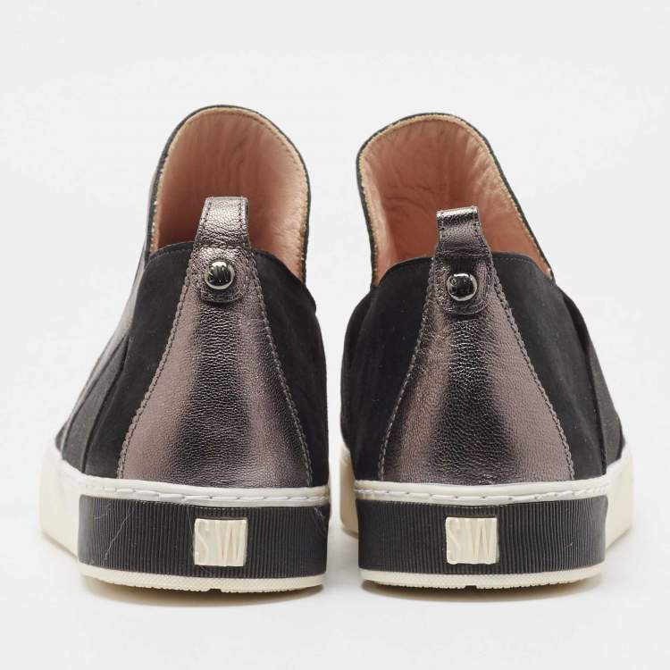 Pre Owned Stuart Weitzman Black/Metallic Nubuck and Leather Slip On Sneakers Size 40