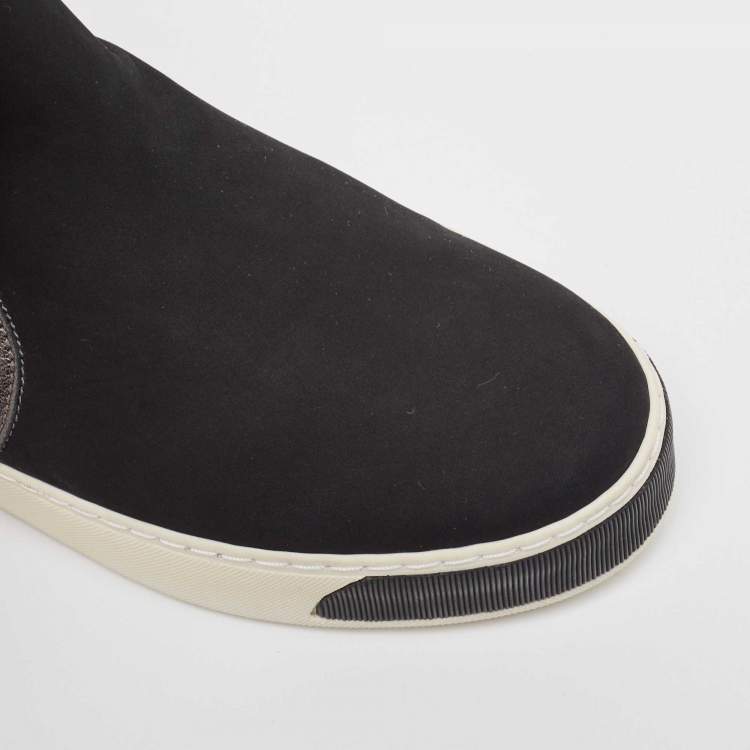 Pre Owned Stuart Weitzman Black/Metallic Nubuck and Leather Slip On Sneakers Size 40