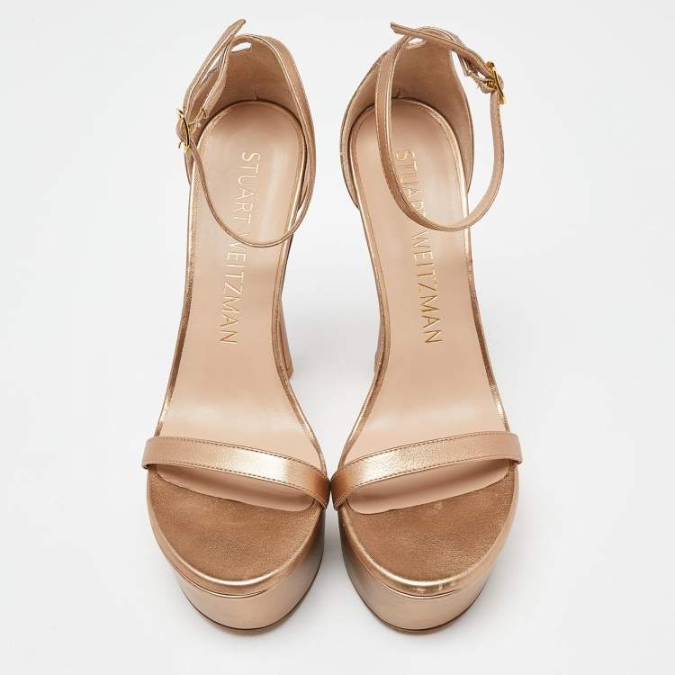 Pre Owned Stuart Weitzman Metallic Leather Nudist Hollywood Platform Sandals Size 39