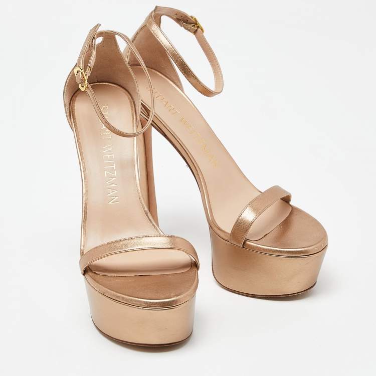 Pre Owned Stuart Weitzman Metallic Leather Nudist Hollywood Platform Sandals Size 39
