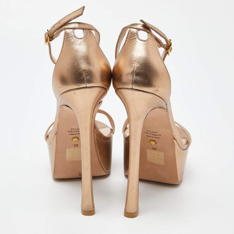 Pre Owned Stuart Weitzman Metallic Leather Nudist Hollywood Platform Sandals Size 39