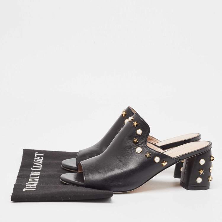 Pre Owned Stuart Weitzman Black Leather Embellished Mules Size 38.5  