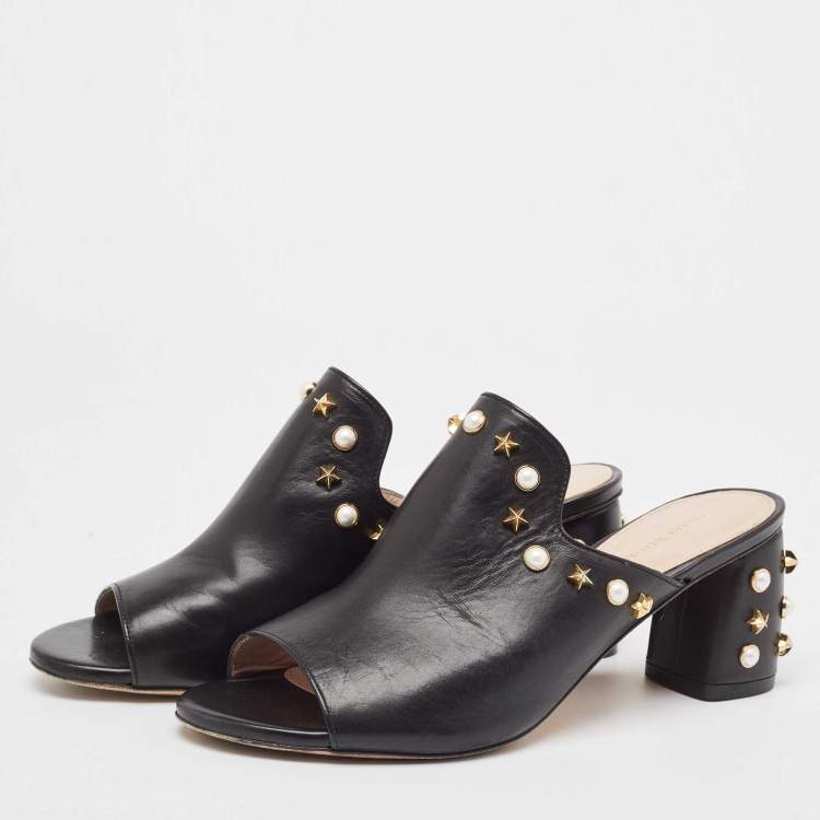 Pre Owned Stuart Weitzman Black Leather Embellished Mules Size 38.5  