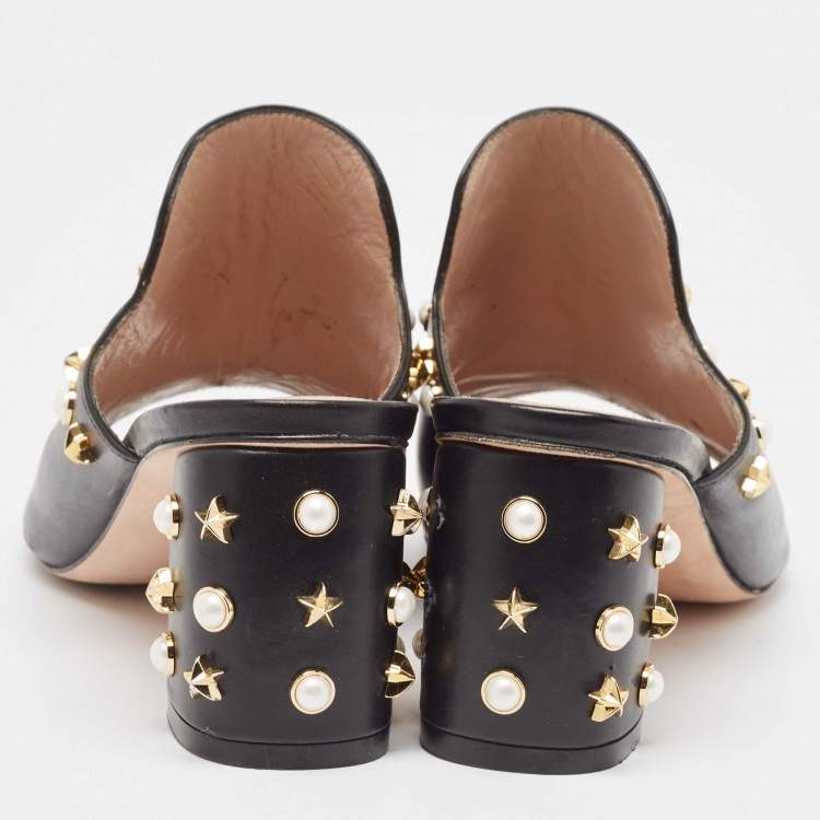 Pre Owned Stuart Weitzman Black Leather Embellished Mules Size 38.5  