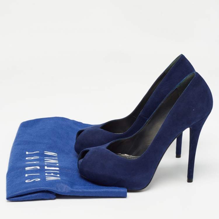 Pre Owned Stuart Weitzman Blue Suede Peep Toe Pumps Size 38.5