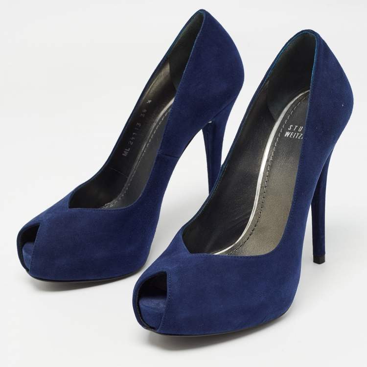 Pre Owned Stuart Weitzman Blue Suede Peep Toe Pumps Size 38.5