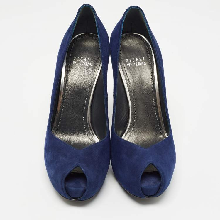 Pre Owned Stuart Weitzman Blue Suede Peep Toe Pumps Size 38.5