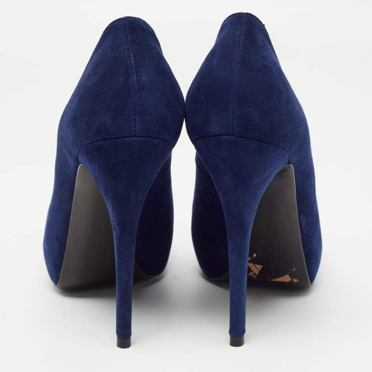 Pre Owned Stuart Weitzman Blue Suede Peep Toe Pumps Size 38.5