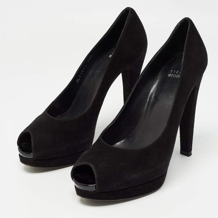 Pre Owned Stuart Weitzman Black Suede Peep Toe Pumps Size 38.5
