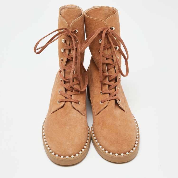 Pre Owned Stuart Weitzman Tan Suede Lace Up Ankle Boots Size 40