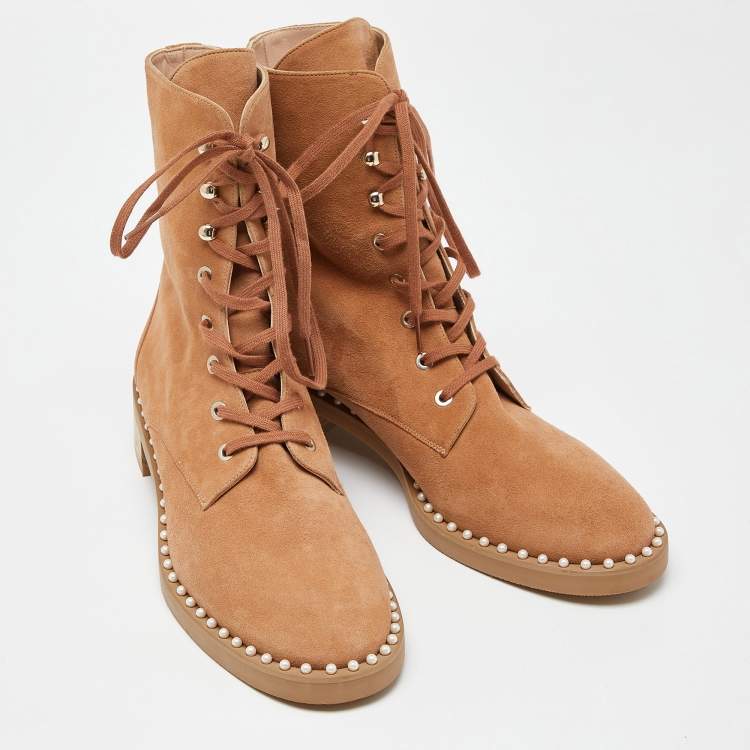 Pre Owned Stuart Weitzman Tan Suede Lace Up Ankle Boots Size 40