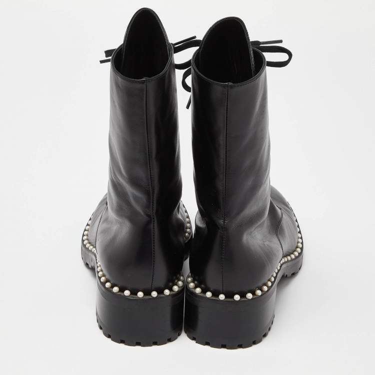 Pre Owned Stuart Weitzman Black Leather Sondra Pearl Embellished Ankle Boots Size 40
