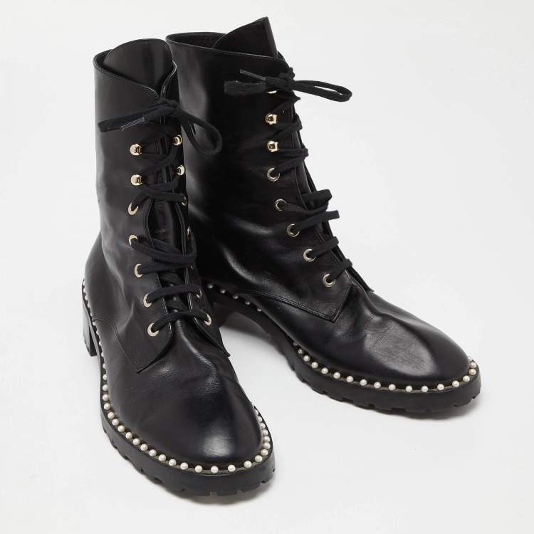 Pre Owned Stuart Weitzman Black Leather Sondra Pearl Embellished Ankle Boots Size 40
