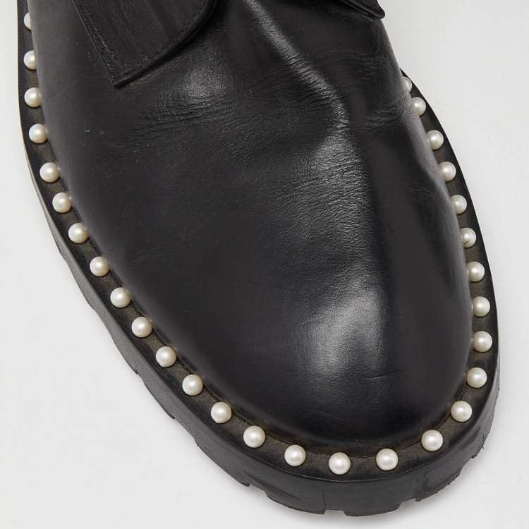 Pre Owned Stuart Weitzman Black Leather Sondra Pearl Embellished Ankle Boots Size 40