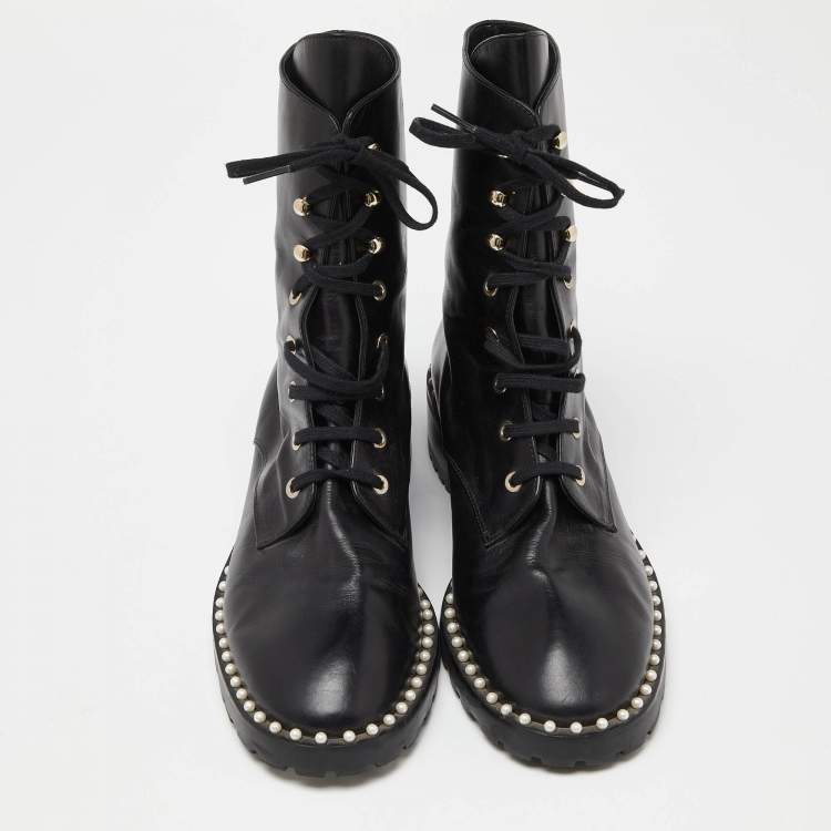 Pre Owned Stuart Weitzman Black Leather Sondra Pearl Embellished Ankle Boots Size 40