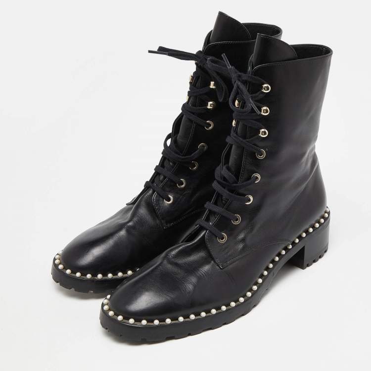 Pre Owned Stuart Weitzman Black Leather Sondra Pearl Embellished Ankle Boots Size 40