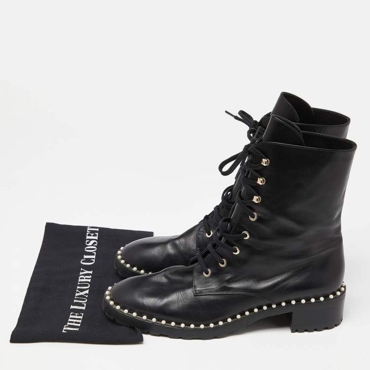Pre Owned Stuart Weitzman Black Leather Sondra Pearl Embellished Ankle Boots Size 40