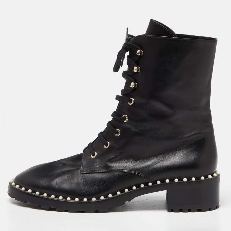 Pre Owned Stuart Weitzman Black Leather Sondra Pearl Embellished Ankle Boots Size 40