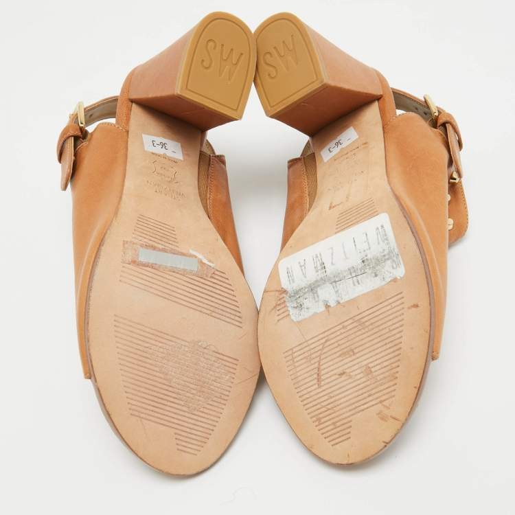 Pre Owned Stuart Weitzman Tan Leather Studded Slingback Sandals Size 36