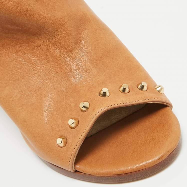 Pre Owned Stuart Weitzman Tan Leather Studded Slingback Sandals Size 36