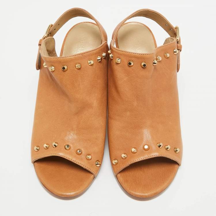 Pre Owned Stuart Weitzman Tan Leather Studded Slingback Sandals Size 36