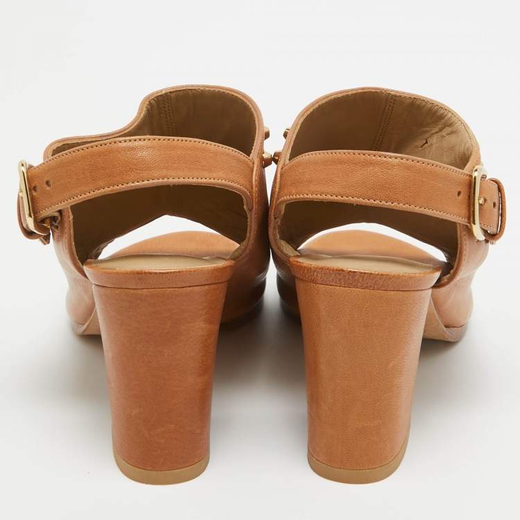Pre Owned Stuart Weitzman Tan Leather Studded Slingback Sandals Size 36