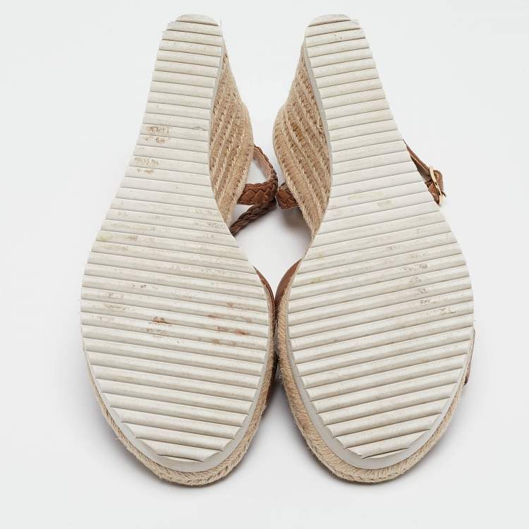 Pre Owned Stuart Weitzman Brown Leather Mykonos Wedge Espadrille Sandals Size 40.5