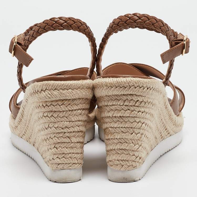 Pre Owned Stuart Weitzman Brown Leather Mykonos Wedge Espadrille Sandals Size 40.5