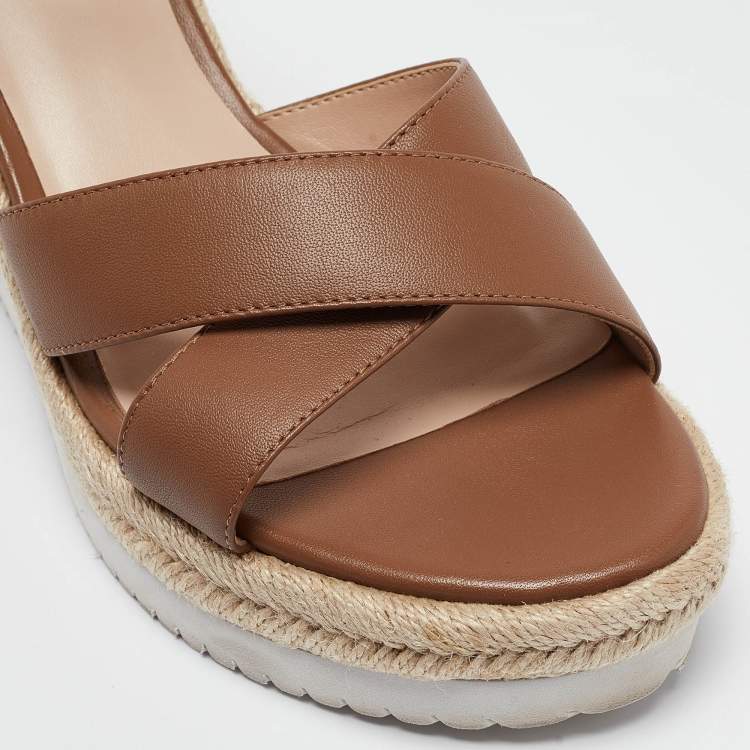 Pre Owned Stuart Weitzman Brown Leather Mykonos Wedge Espadrille Sandals Size 40.5