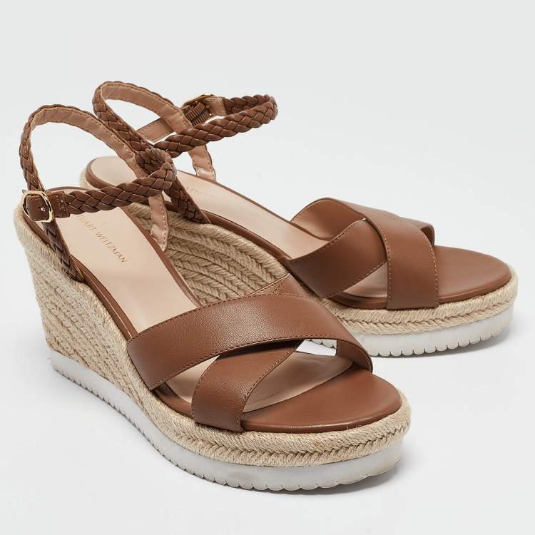 Pre Owned Stuart Weitzman Brown Leather Mykonos Wedge Espadrille Sandals Size 40.5