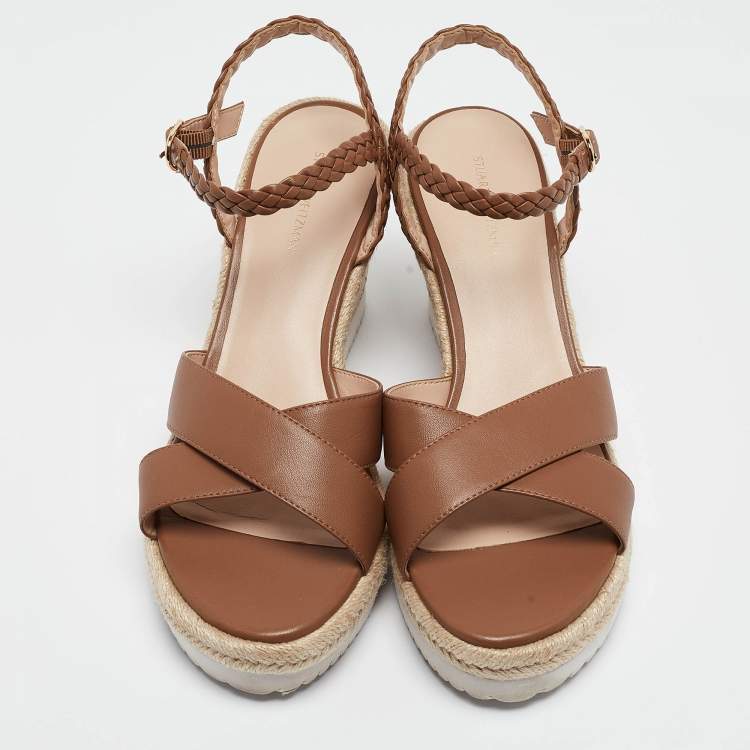 Pre Owned Stuart Weitzman Brown Leather Mykonos Wedge Espadrille Sandals Size 40.5
