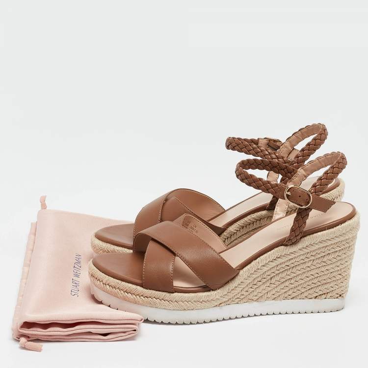 Pre Owned Stuart Weitzman Brown Leather Mykonos Wedge Espadrille Sandals Size 40.5