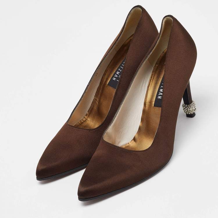Pre Owned Stuart Weitzman Brown Satin Pointed Toe Pumps Size 39.5