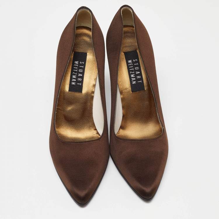 Pre Owned Stuart Weitzman Brown Satin Pointed Toe Pumps Size 39.5