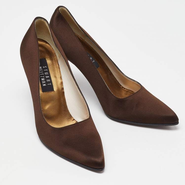 Pre Owned Stuart Weitzman Brown Satin Pointed Toe Pumps Size 39.5